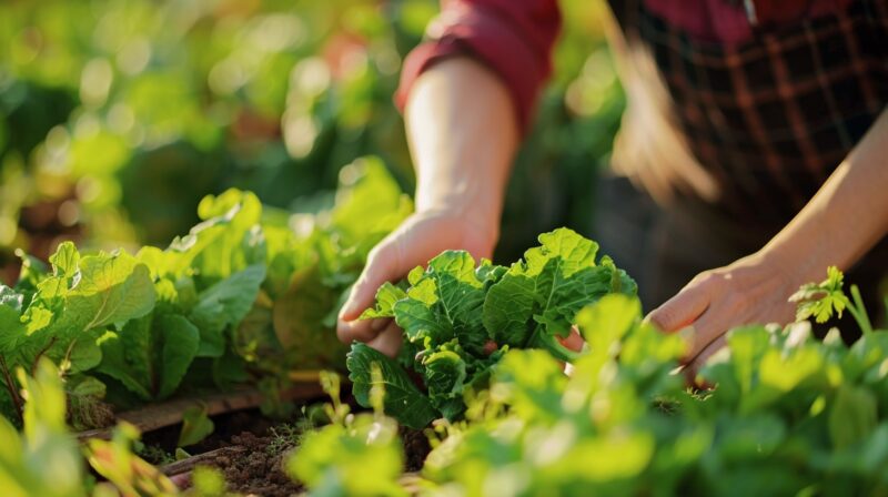 Woman working in her organic garden with plants
