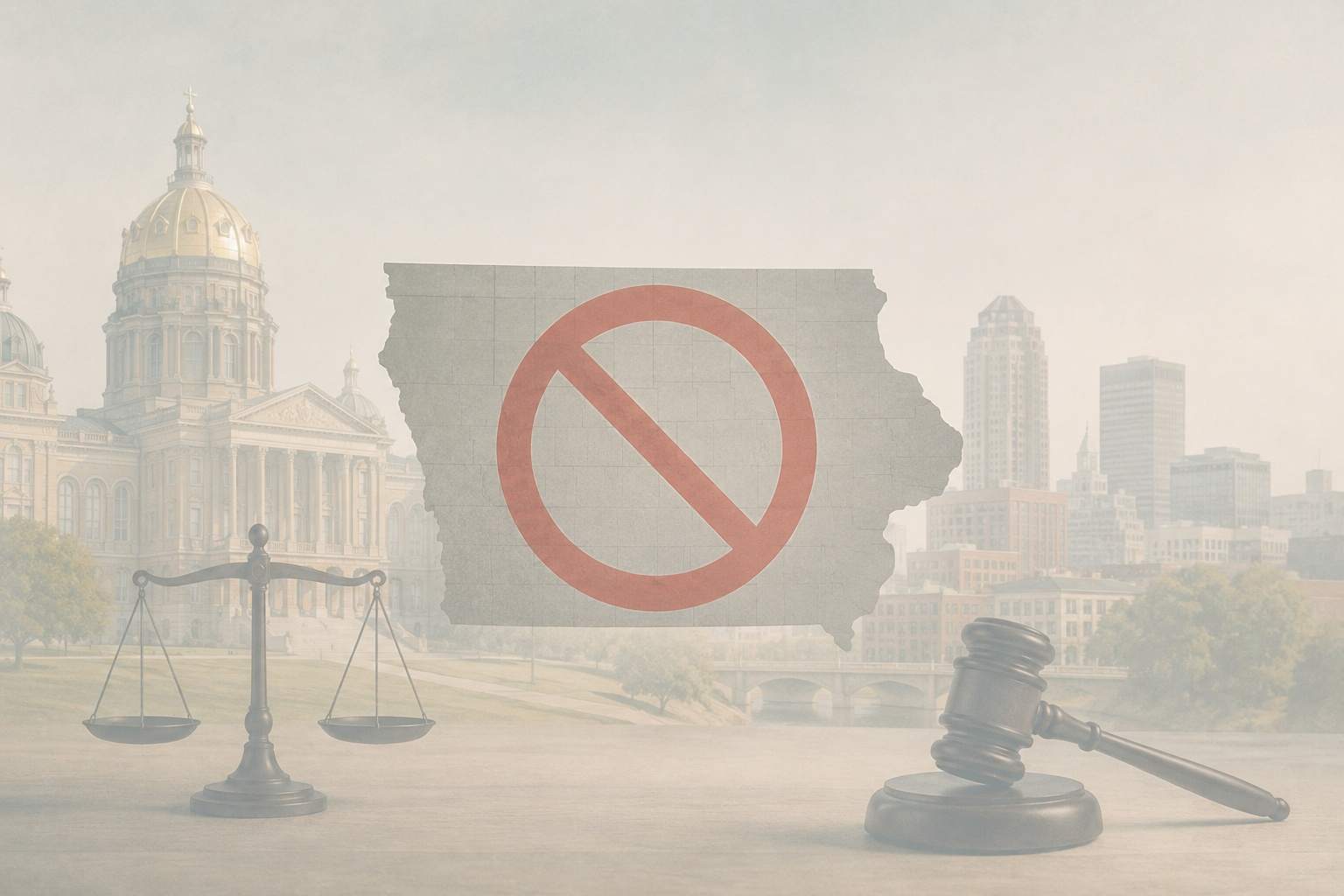 Iowa map with a prohibition symbol, courthouse, city skyline, scales and gavel.