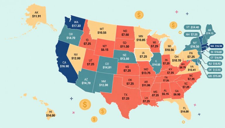 Color-coded map showing 2026 minimum wage rates by U.S. state.
