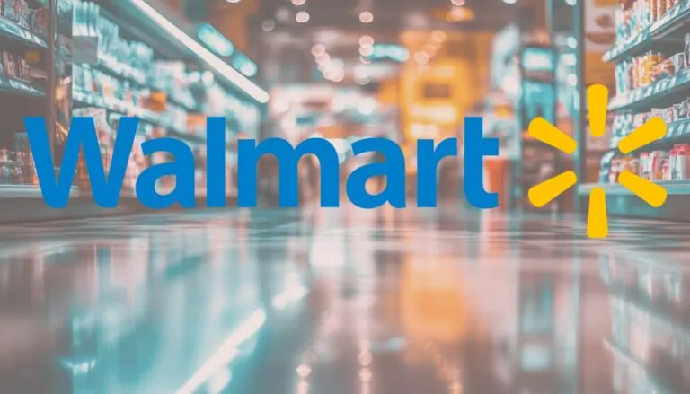 Blurred interior of a Walmart store with brightly lit aisles and the Walmart logo in focus