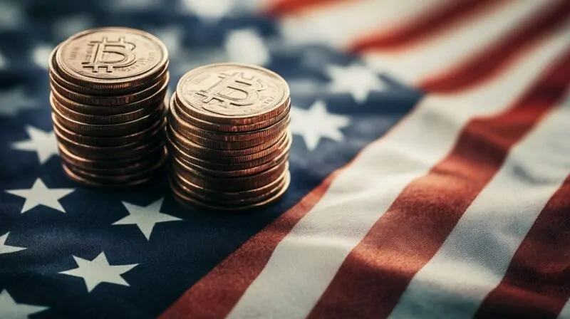 Stacks of Bitcoin coins on an American flag, symbolizing the intersection of cryptocurrency and national economic trends