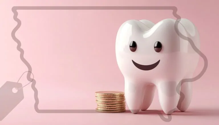 A smiling tooth figurine next to stacked coins on a pink background with a state outline