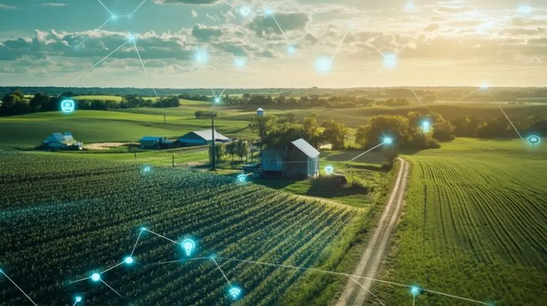 A digitally connected farm landscape with icons representing smart technology, sensors, and automation over green fields at sunset