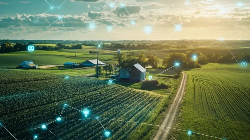 A digitally connected farm landscape with icons representing smart technology, sensors, and automation over green fields at sunset
