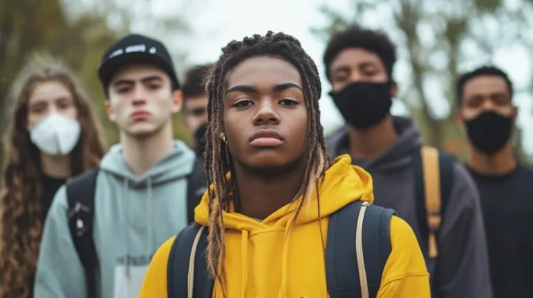 A group of teenagers, one in a yellow hoodie at the front, with others in casual clothes and face masks in the background