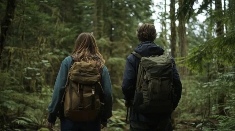 Two hikers with backpacks walking through a lush green forest