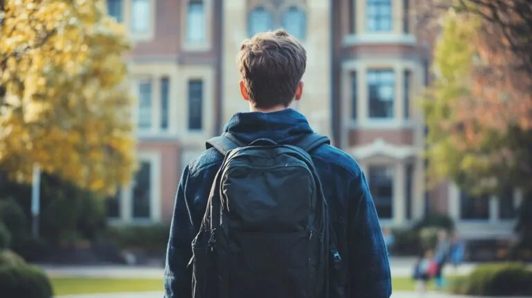 A student with a backpack stands facing a university building, surrounded by autumn trees