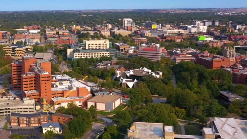 An Aerial View of Downtown Iowa, Showcasing Its Urban and Residential Areas