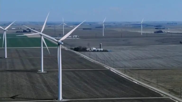 Iowa’s Wind Energy Industry Shown with Large Wind Turbines on An Open Field