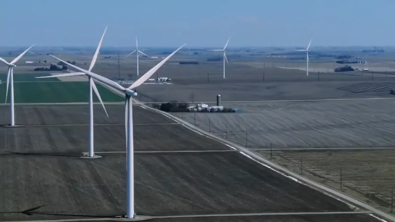 Iowa’s Wind Energy Industry Shown with Large Wind Turbines on An Open Field