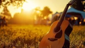 Acoustic guitar standing upright on a grassy field at sunset, with blurred festival tents and people in the background