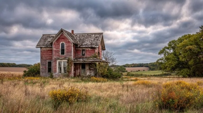 Old red abandoned farmhouse in a rural Iowa field under a cloudy sky, surrounded by overgrown grass and wildflowers