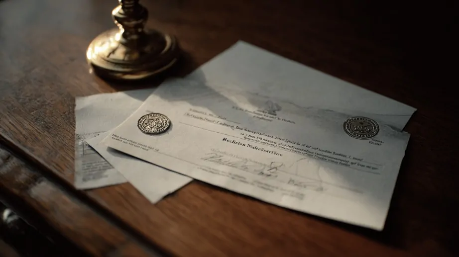 Official legal documents with embossed seals resting on a wooden desk under warm lighting