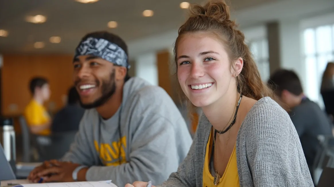 Two college students smiling and studying together inside a university building, reflecting a positive and diverse campus atmosphere
