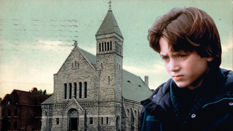 A young Elijah Wood in front of St. Patrick’s Elementary school building