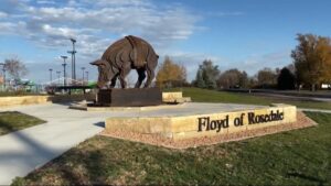 A statue of the most famous pig in Iowa history, Floyd of Rosedale, displayed in a public park