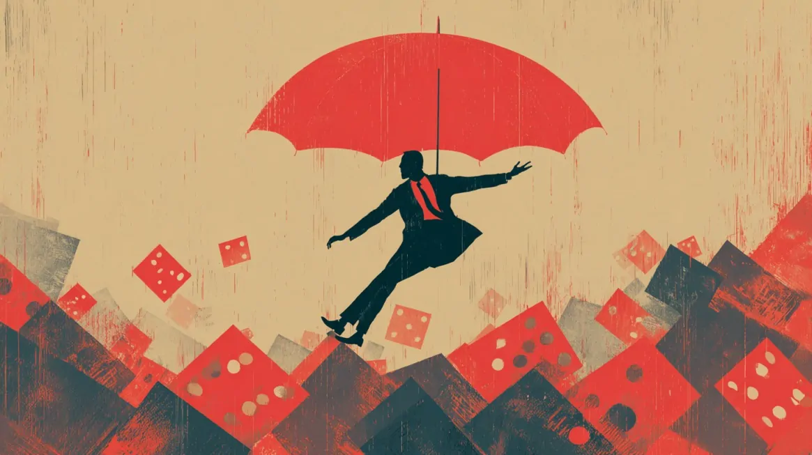 Abstract illustration of a person with an umbrella floating above falling dice, symbolizing risk management and navigating uncertainty