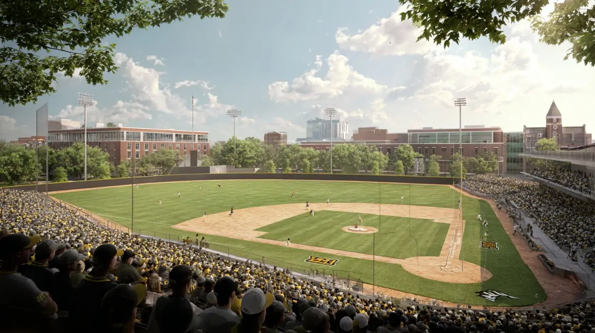 Rendering of a renovated Duane Banks Field showing expanded seating, a packed crowd, and players on the baseball diamond under clear skies