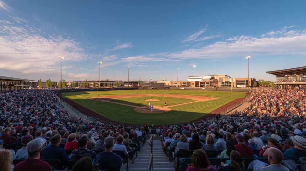 Panoramic view of a packed baseball stadium with fans watching a live game under a clear blue sky