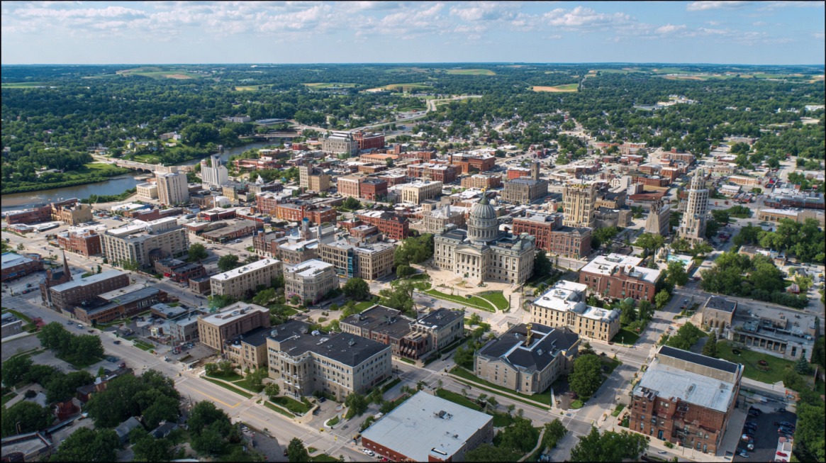 Aerial view of Iowa City with government and university buildings, representing the Iowa Board of Regents’ approval of a $5.8 million plan for Duane Banks Field