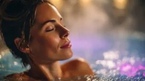 A woman relaxing in warm, glowing spa water with her eyes closed