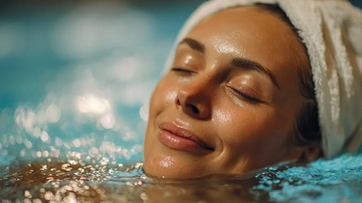 Woman relaxing in warm spa water with eyes closed and a towel wrapped around her head