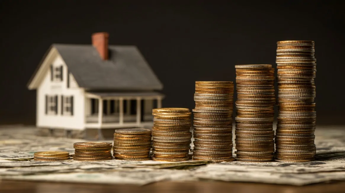 Coins stacked in ascending order with a small house model in the background
