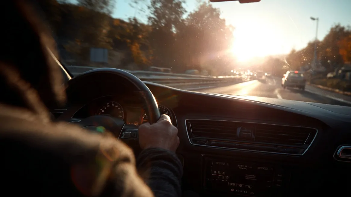 Interior view of a driver’s hands on the steering wheel with sun glare ahead