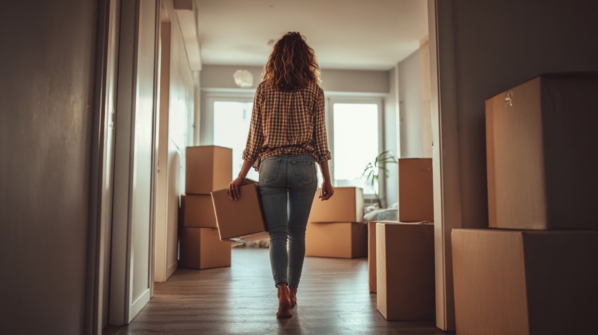 Person carrying a box inside an apartment surrounded by moving boxes