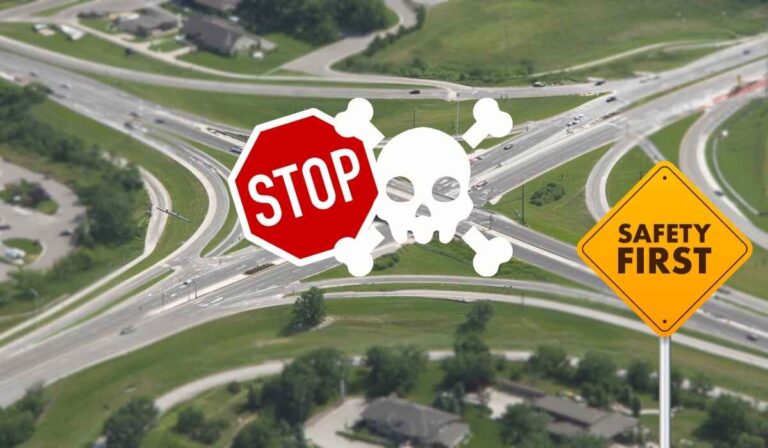 Overhead view of a multi road intersection with stop and safety warning signs overlaid
