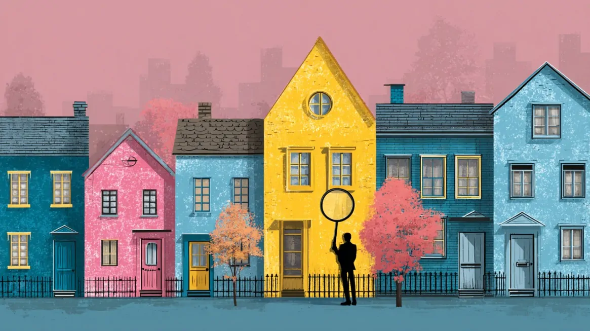 Stylized illustration of a person holding a magnifying glass in front of a row of houses
