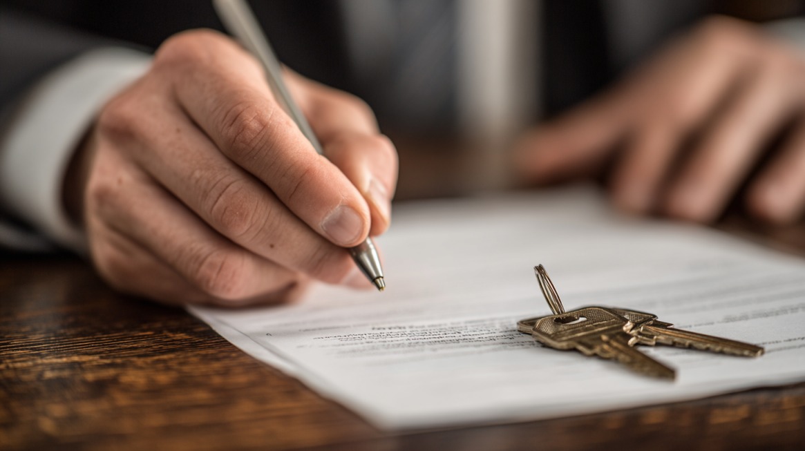 Close-up of a hand signing a lease with a set of keys on the paper