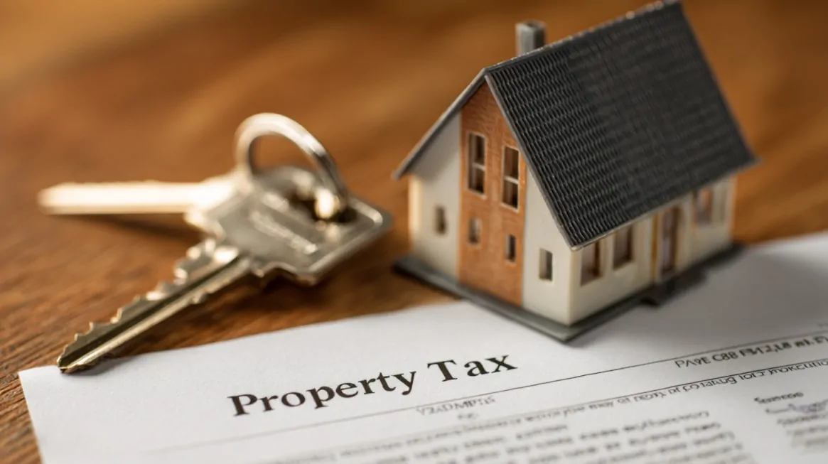 Small house model and keys placed on top of a property tax form