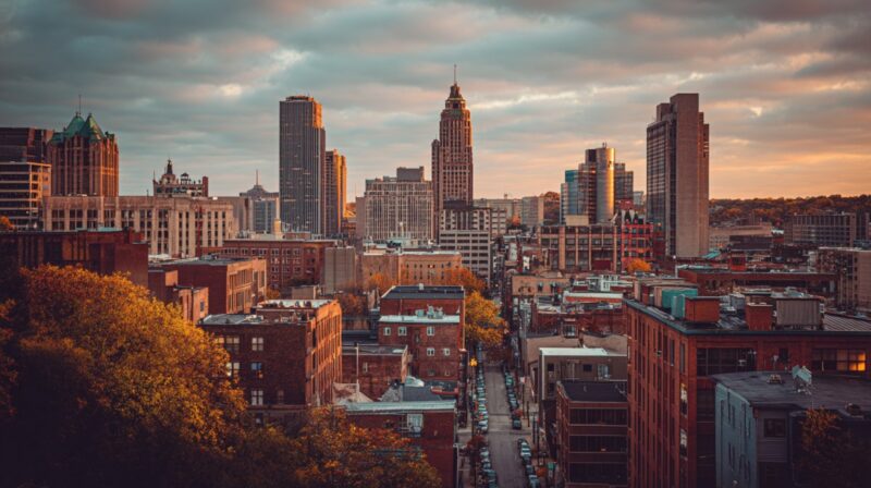 View of an urban skyline with apartment buildings and tree lined streets