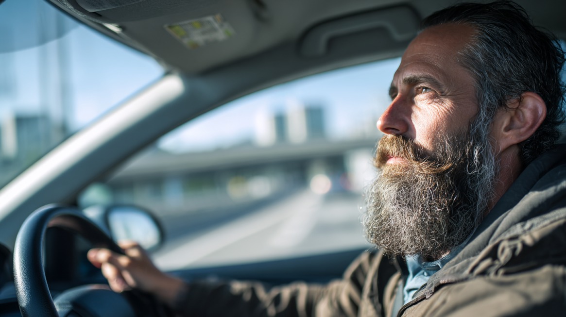 Man driving a car during daylight with hands on the steering wheel
