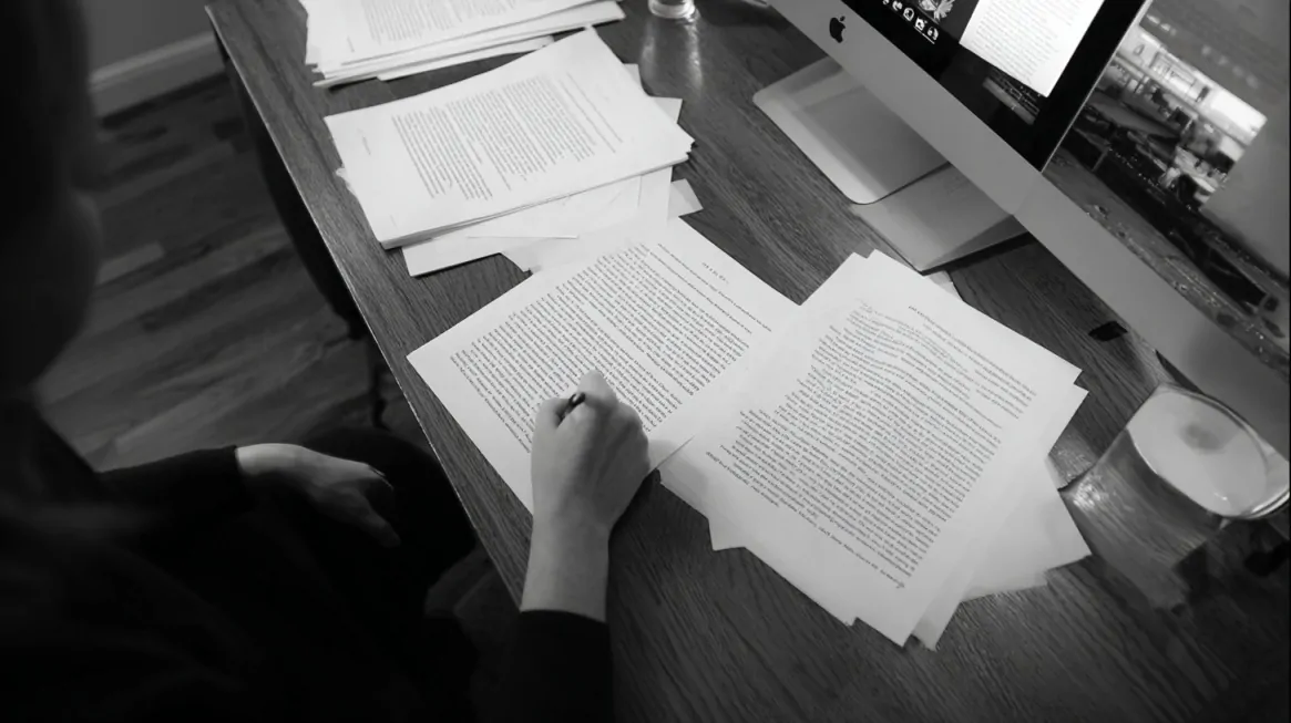 Overhead view of someone sorting and reviewing printed documents at a desk