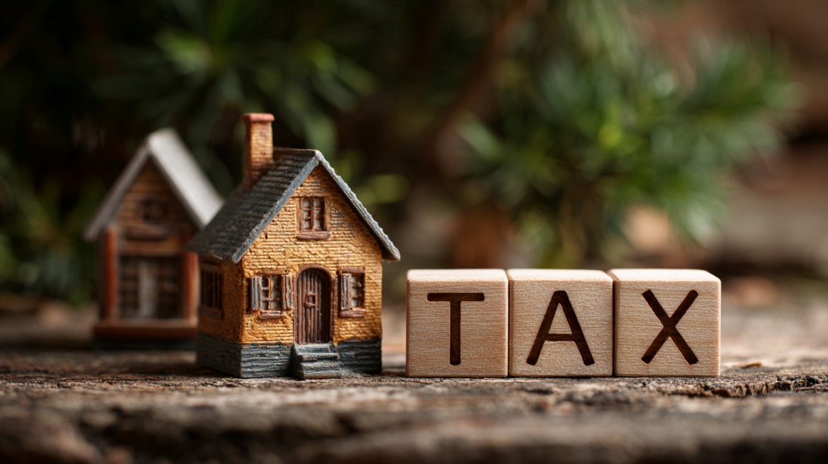 Miniature houses next to wooden blocks that spell the word tax