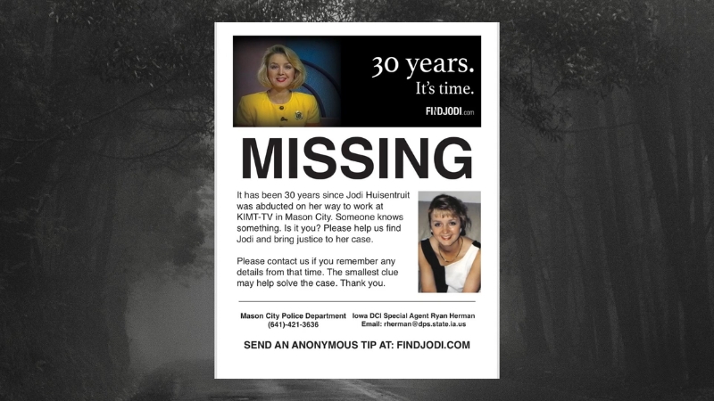 Missing poster for Jodi Huisentruit marking 30 years since her 1995 disappearance in Mason City, Iowa