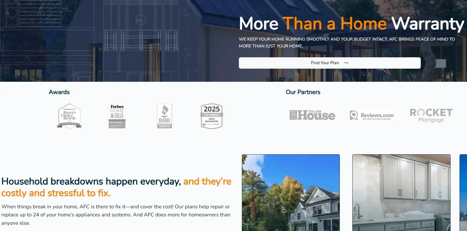 AFC Home Warranty website page highlighting coverage for home systems and appliances