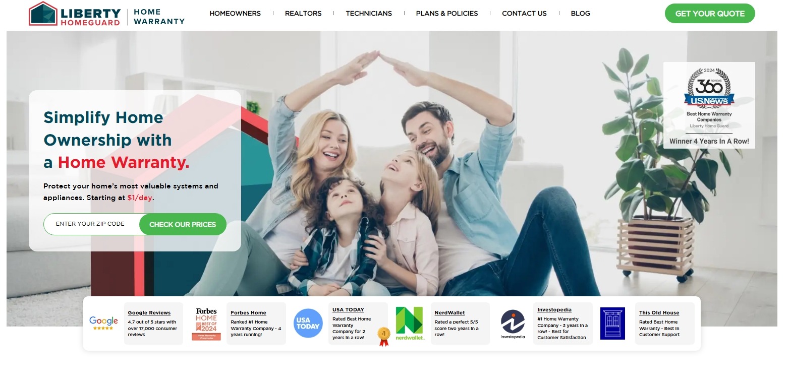 Liberty Home Guard home warranty website showing family sitting together and coverage promotion