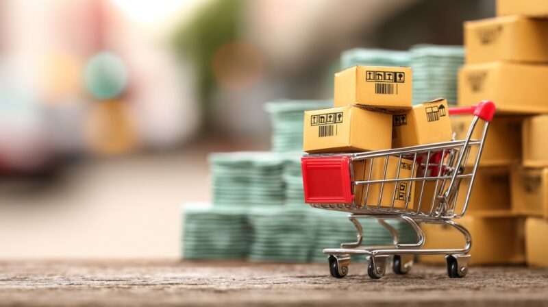 Mini shopping cart filled with shipping boxes beside stacks of money, symbolizing ecommerce sales and online retail growth