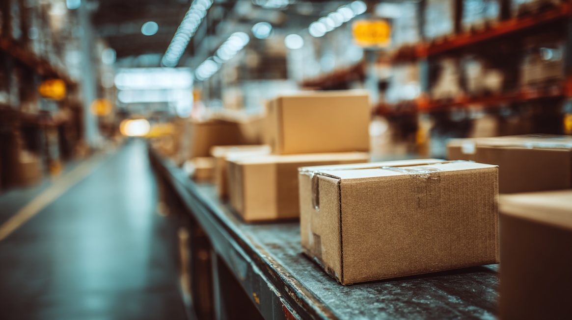 Shipping boxes moving through a warehouse fulfillment center, representing ecommerce logistics and order processing