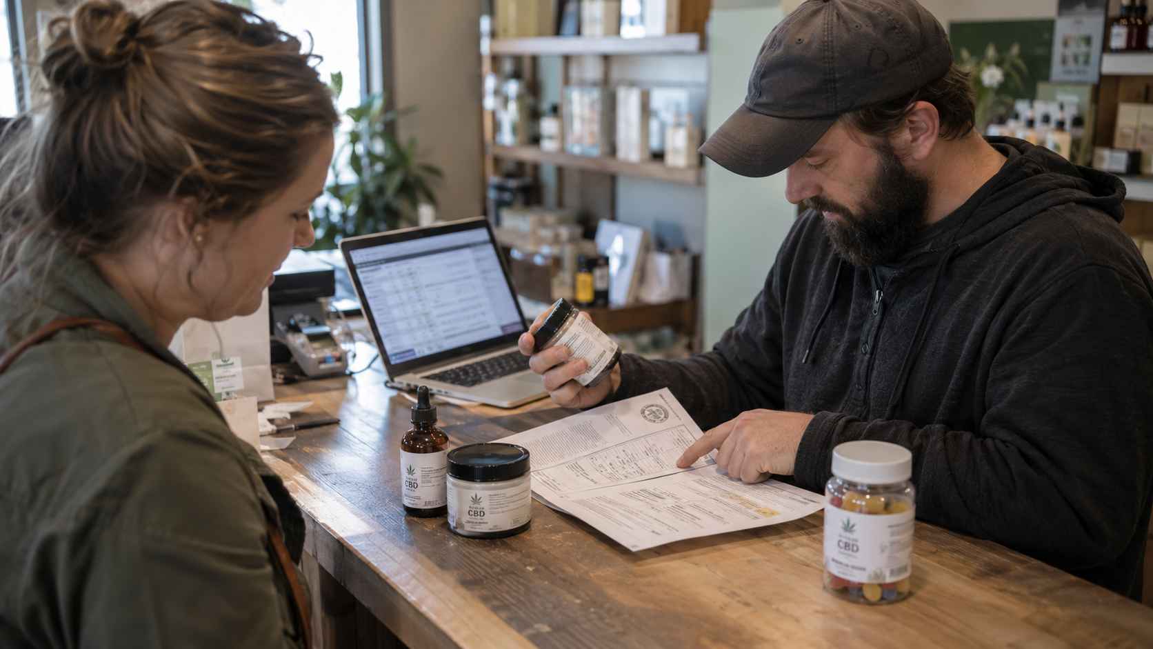 CBD shop employee checking product labels and documentation with a customer at a wooden counter.