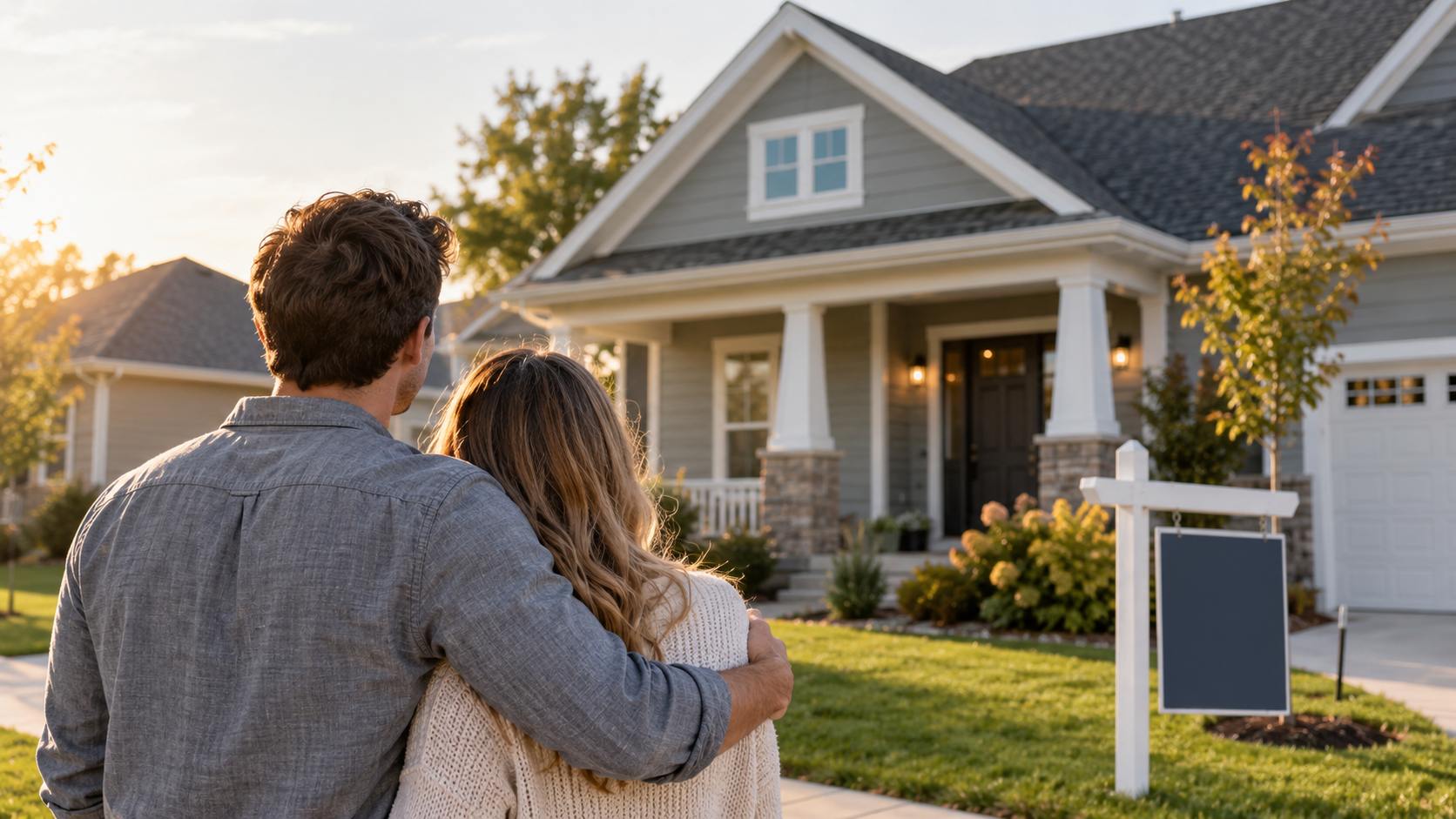 First-time homebuyers looking at a suburban house for sale in Iowa.
