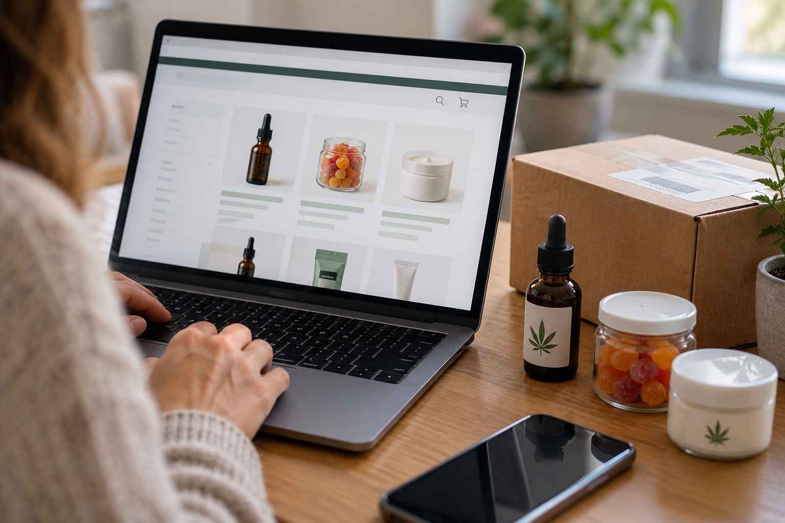 Person shopping for CBD oil, gummies and creams online using a laptop beside a shipping package.