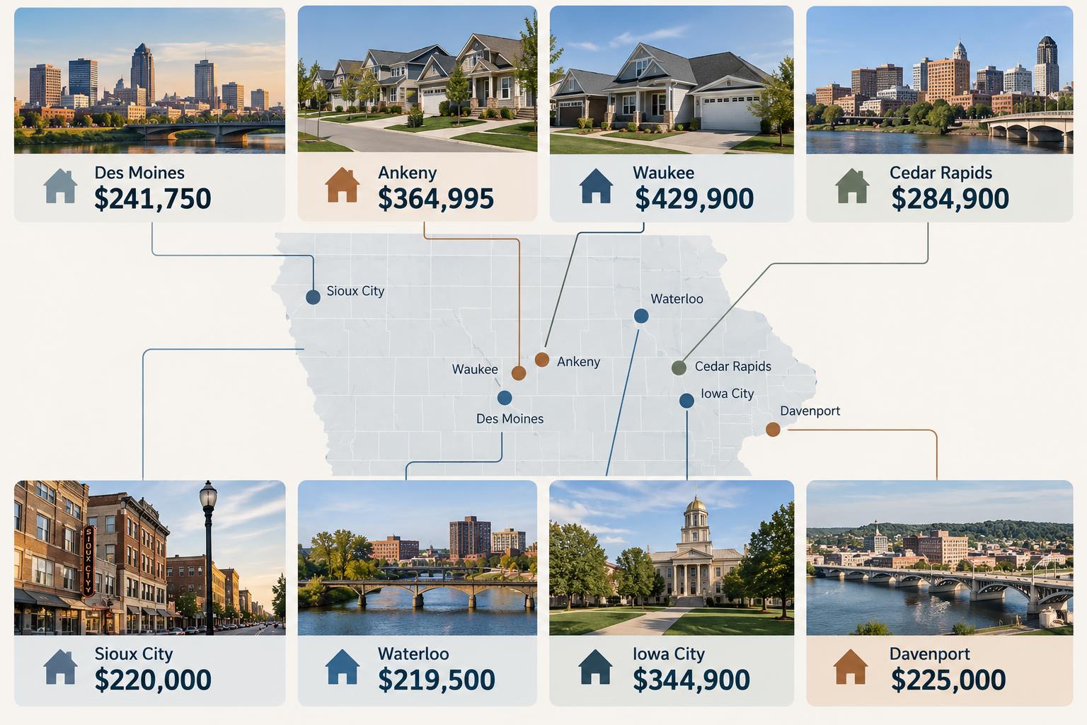 Infographic comparing median home listing prices across eight Iowa cities in September 2026.