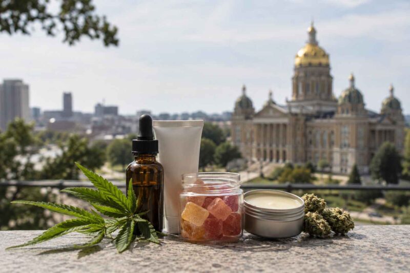 CBD oil, gummies, cream, hemp leaves and dried cannabis displayed with the Iowa State Capitol in the background.