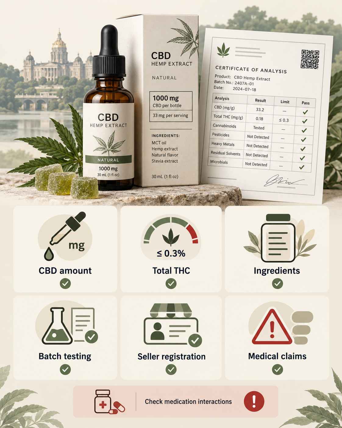 Infographic showing six CBD buying checks in Iowa, including CBD amount, THC content, ingredients, batch testing, seller registration and medical claims.