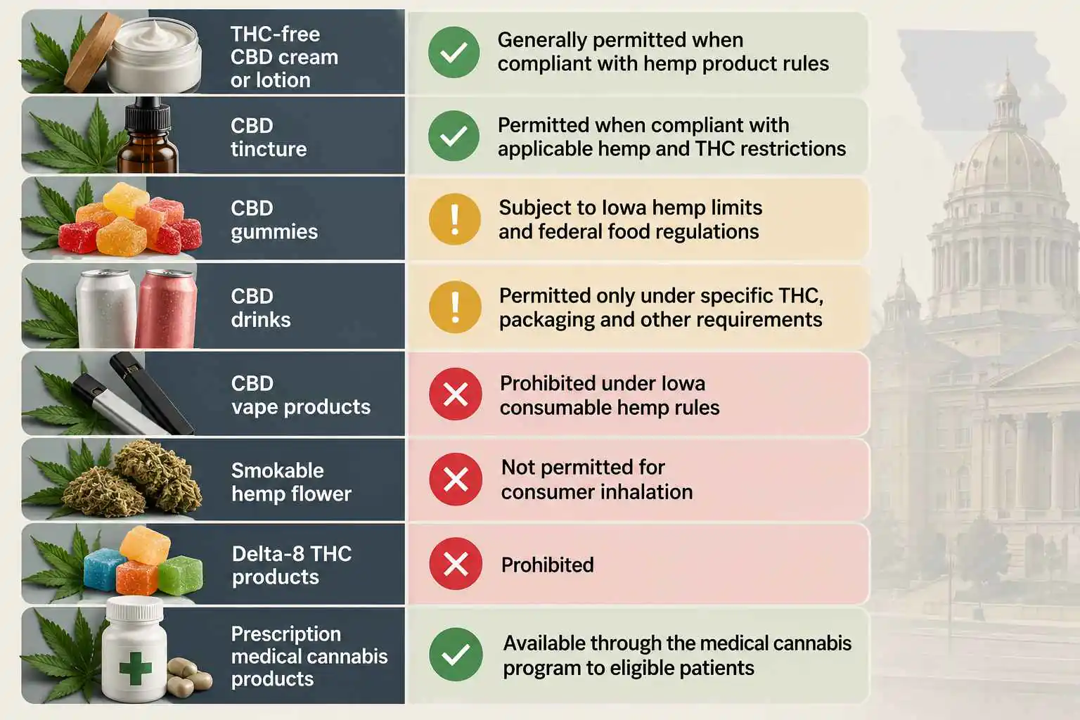 Infographic showing legal, restricted and prohibited CBD products in Iowa, including creams, gummies, tinctures, vapes and medical cannabis.