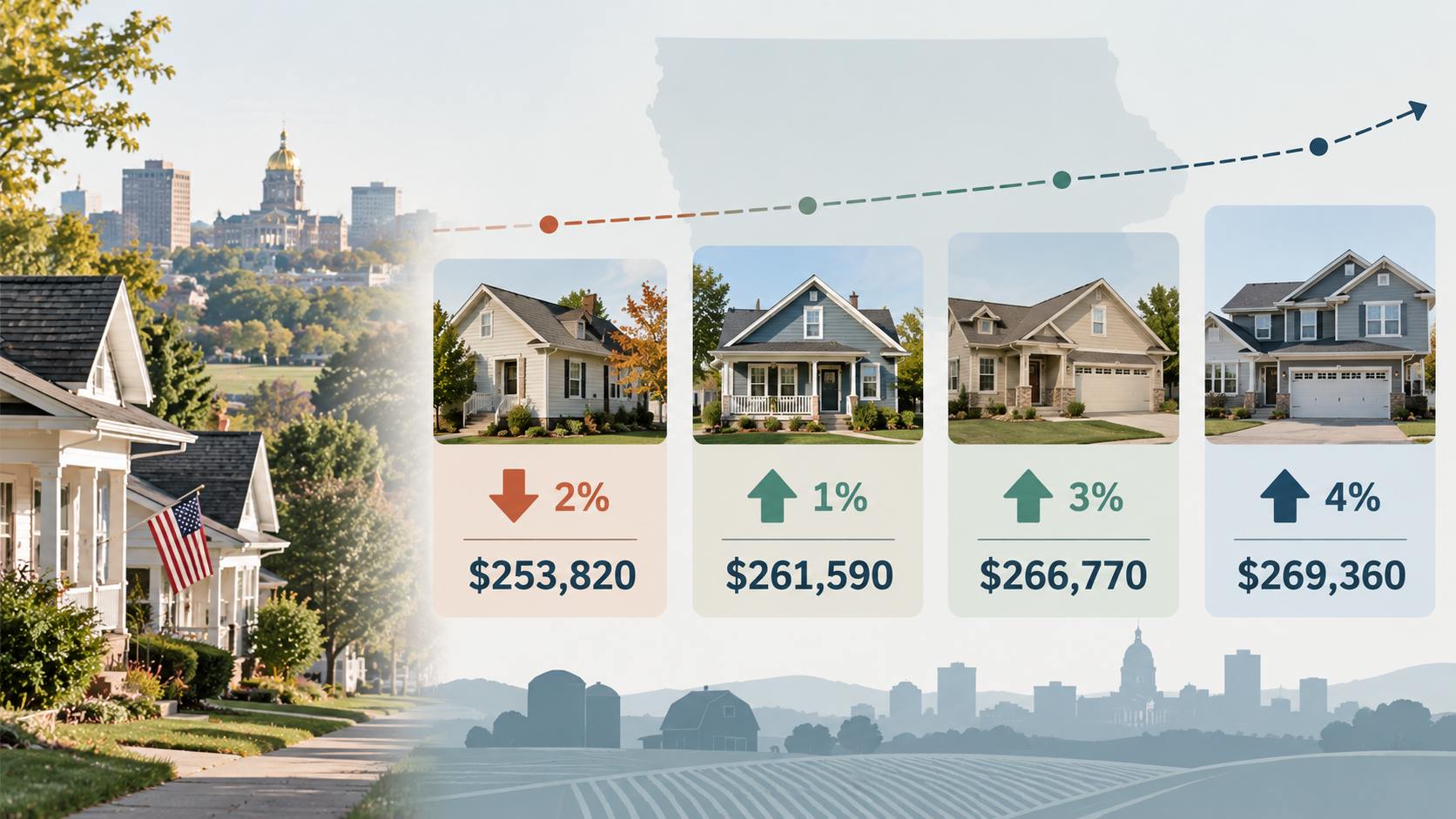 Infographic showing four possible Iowa home price scenarios for 2027, ranging from a 2% decline to a 4% increase.